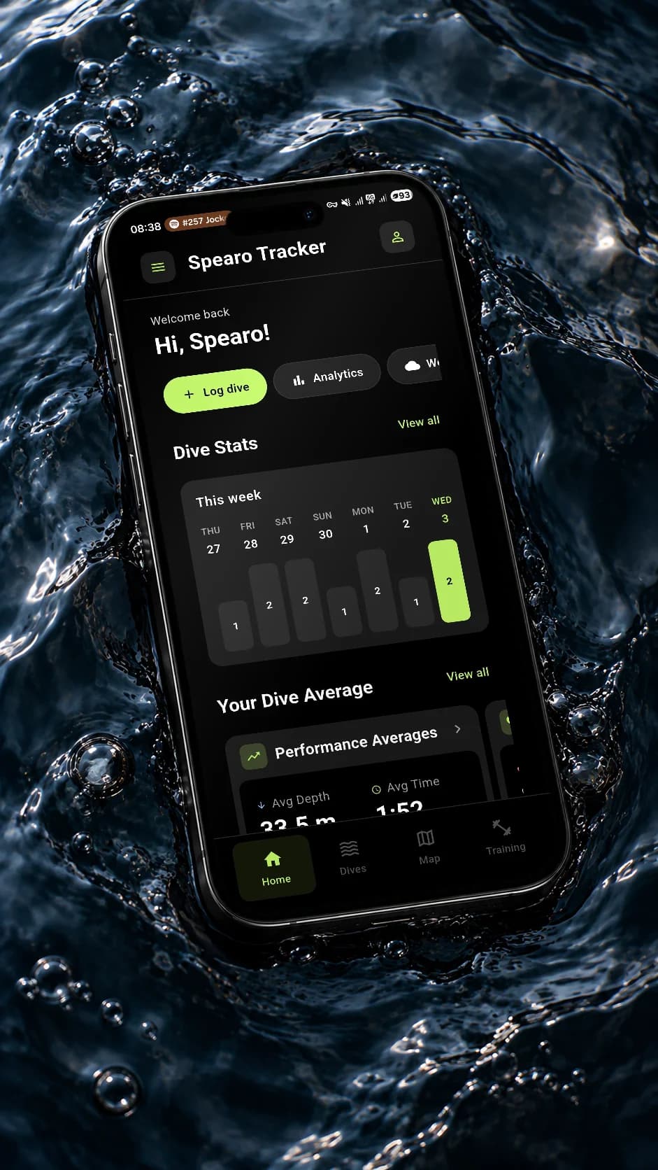 Spearo Tracker on a device, showing real app screens