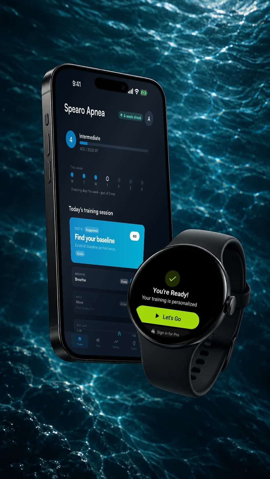 Spearo Apnea on a device, showing real app screens