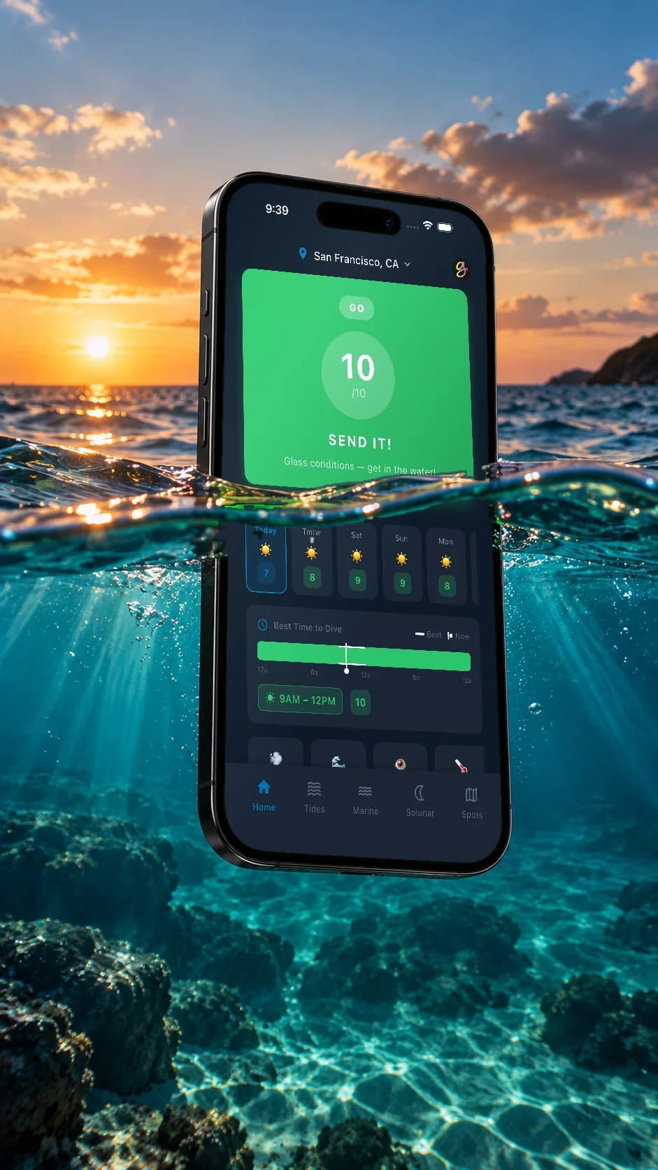 Spearo Vision on a device, showing real app screens